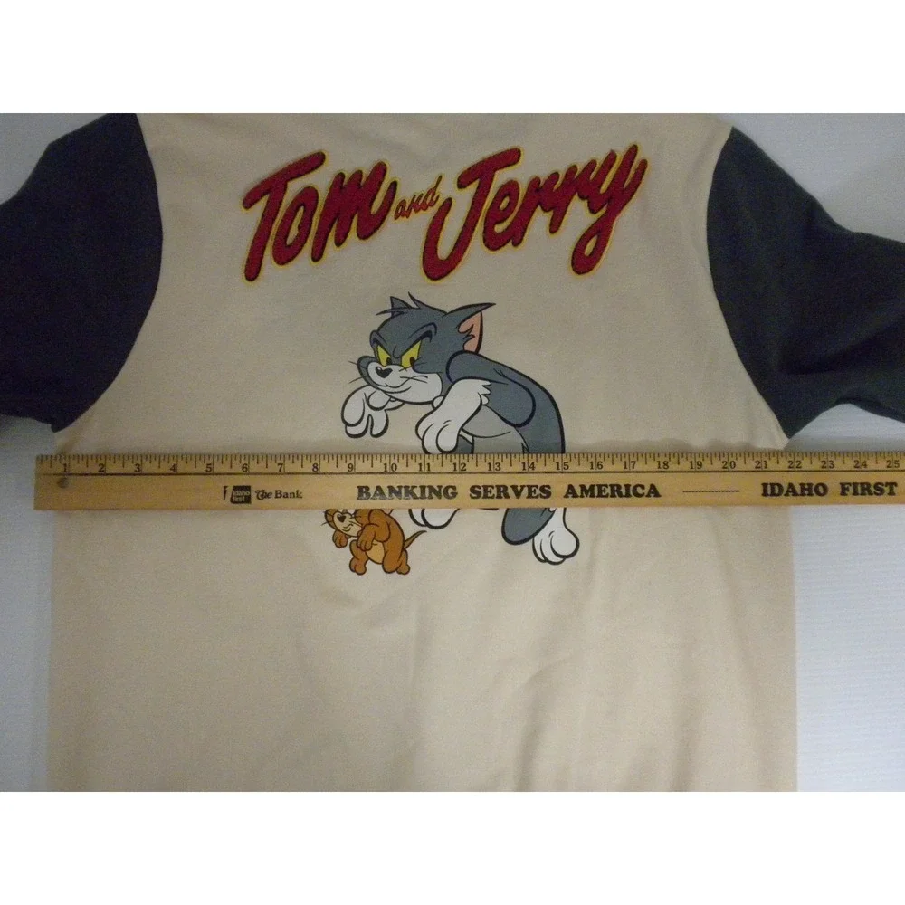 Tom and Jerry Jacket Mens M Beige Gray Snap Varsity Applique Cartoon Cat Mouse‎